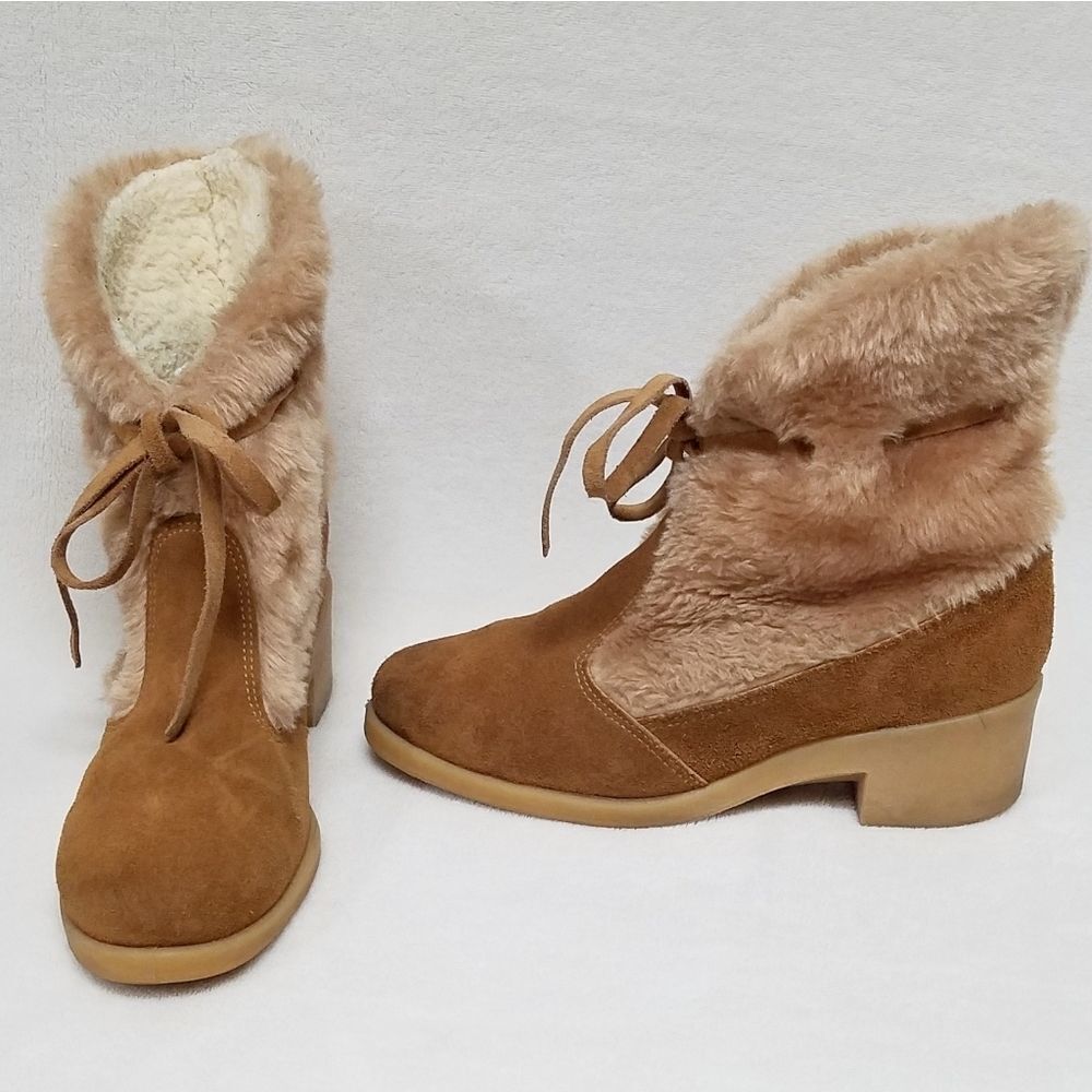 Vintage 1970s Northlanders Camel Suede Blonde Faux Fur Wedge Snow Booties 8